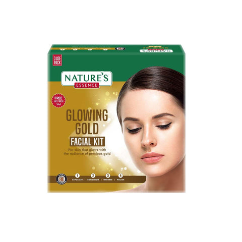 nature's essence glowing gold facial kit, for 3 uses with free face wash (60 gm+50 ml)