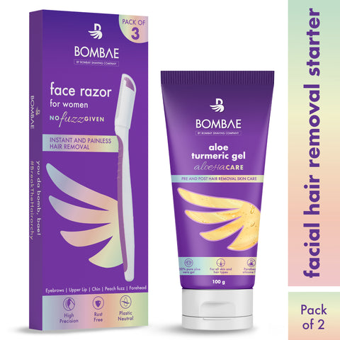 bombae facial hair removal razor for women with aloe gel for pre and post skincare  (pack of 2)
