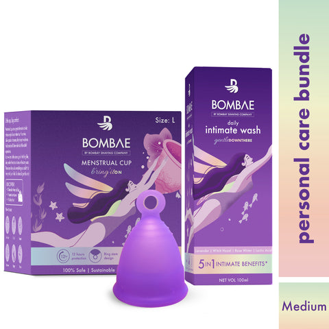 bombae personal hygiene combo with intimate wash & menstrual cup (size medium)