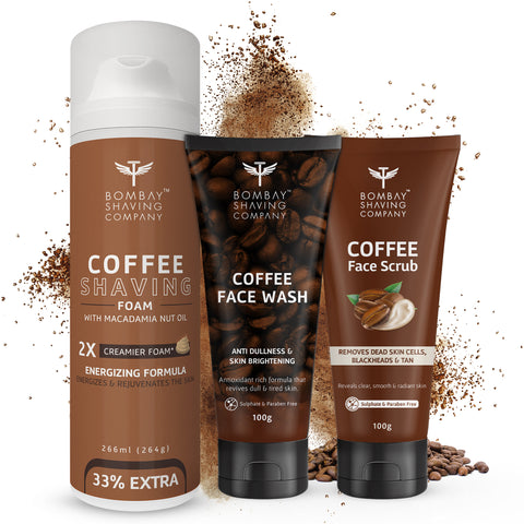 bombay shaving company coffee revitalising kit, coffee face wash, face scrub pack & shaving foam (set of 3)