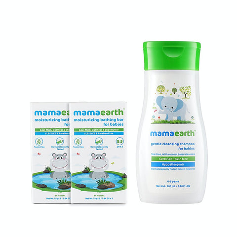 mamaearth moisturizing bathing bar (pack of 2) and gentle cleansing shampoo (200 ml)