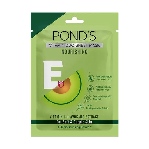 ponds vitamin duo sheet mask nourishing, vitamin e + avocado extract, for soft & supple skin (25 ml)