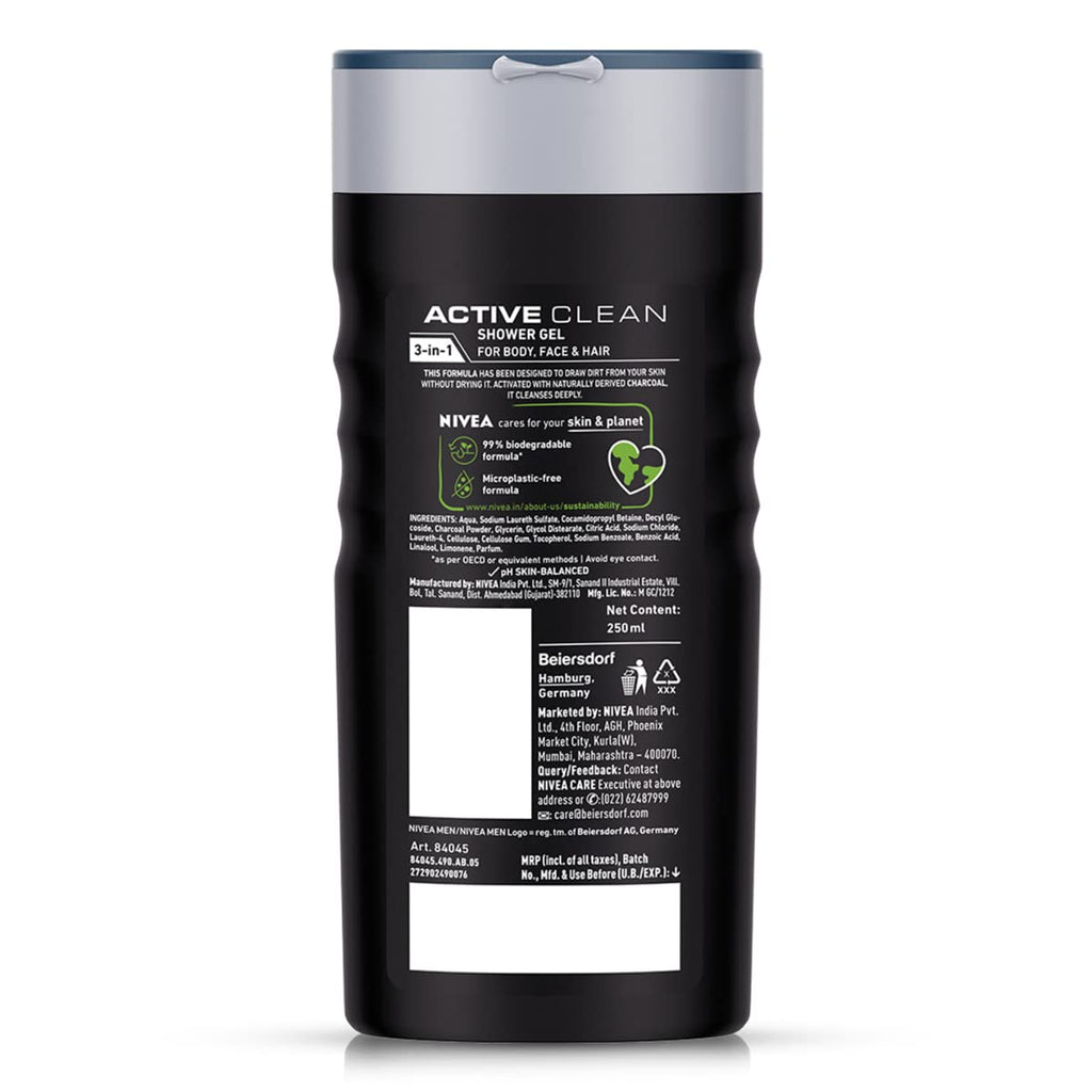 Nivea Men Body Wash- Active Clean with Active Charcoal- Shower Gel for Body- Face & Hair 3-in-1