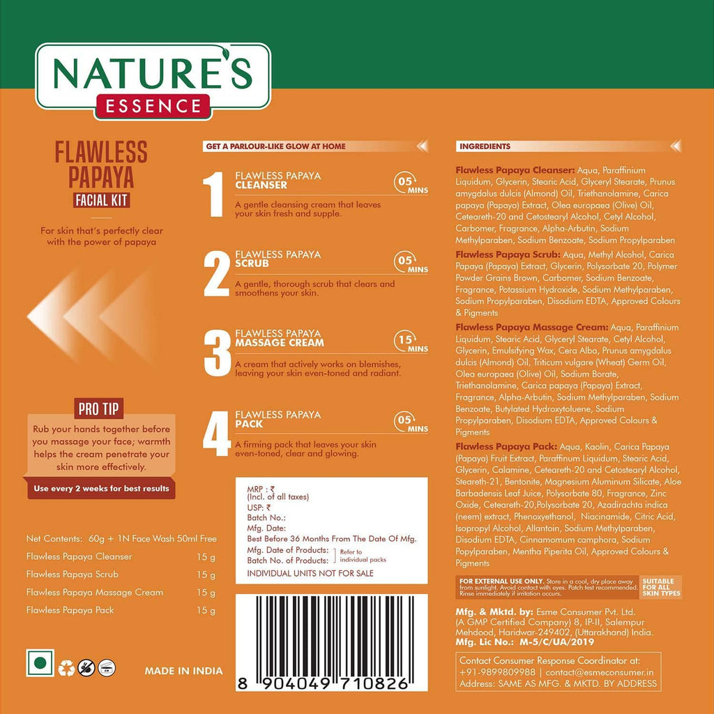 Nature's Essence Flawless Papaya Facial Kit 3 Use (60 gm + 50 ml)
