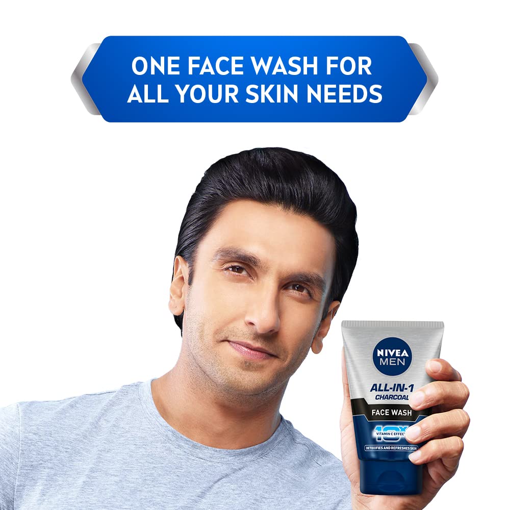 Nivea Men Face Wash, All in 1 Charcoal, to Detoxify & Refresh Skin with 10x Vitamin C Effect