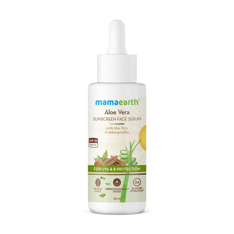 mamaearth aloe vera sunscreen face serum with spf 55, with aloe vera & ashwagandha for uva& b protection (30ml)