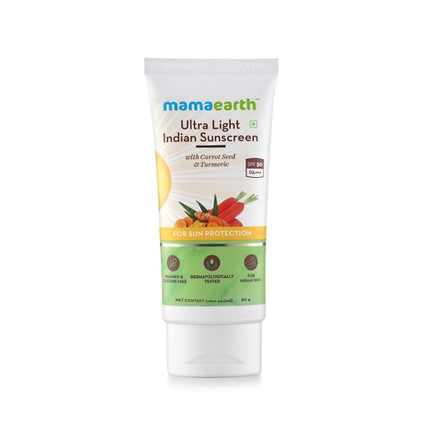 mamaearth ultra light indian sunscreen with carrot seed, turmeric and spf 50 pa+++ (80 ml)