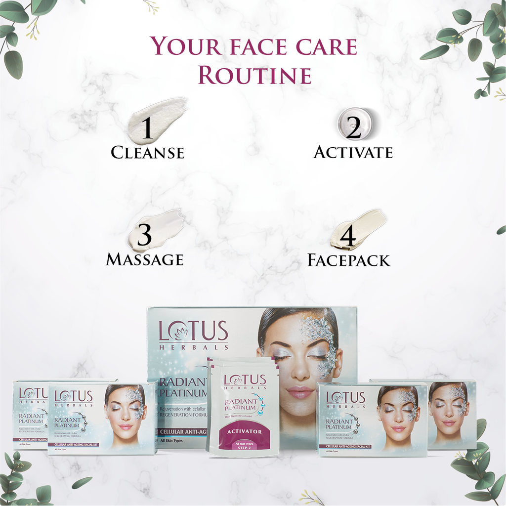 Lotus Herbals Radiant Platinum Cellular Anti-Ageing 4 Facial Kit - (Salon Grade)