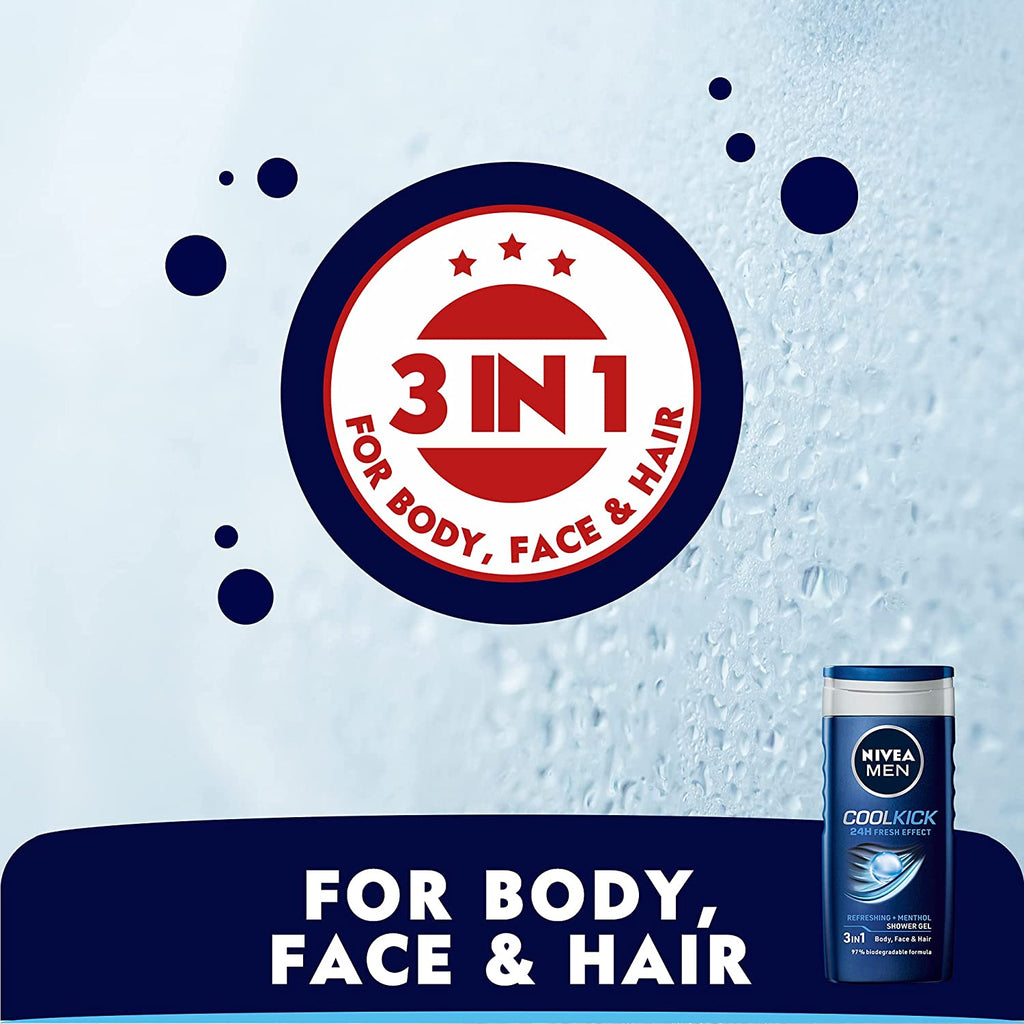 Nivea Men's Shower Gel - Cool Kick with Refreshing Icy Menthol - 250 ml