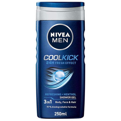 nivea men body wash, cool kick with refreshing icy menthol, shower gel for body, face & hair - 250 ml