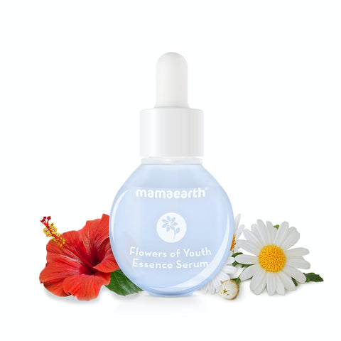 mamaearth flowers of youth essence serum with hyaluronic acid & hibiscus for youthful skin - 30 ml