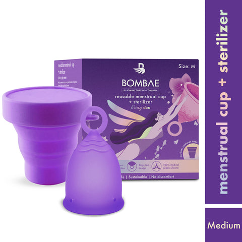 bombae reusable menstrual cup medium size & sterilizer