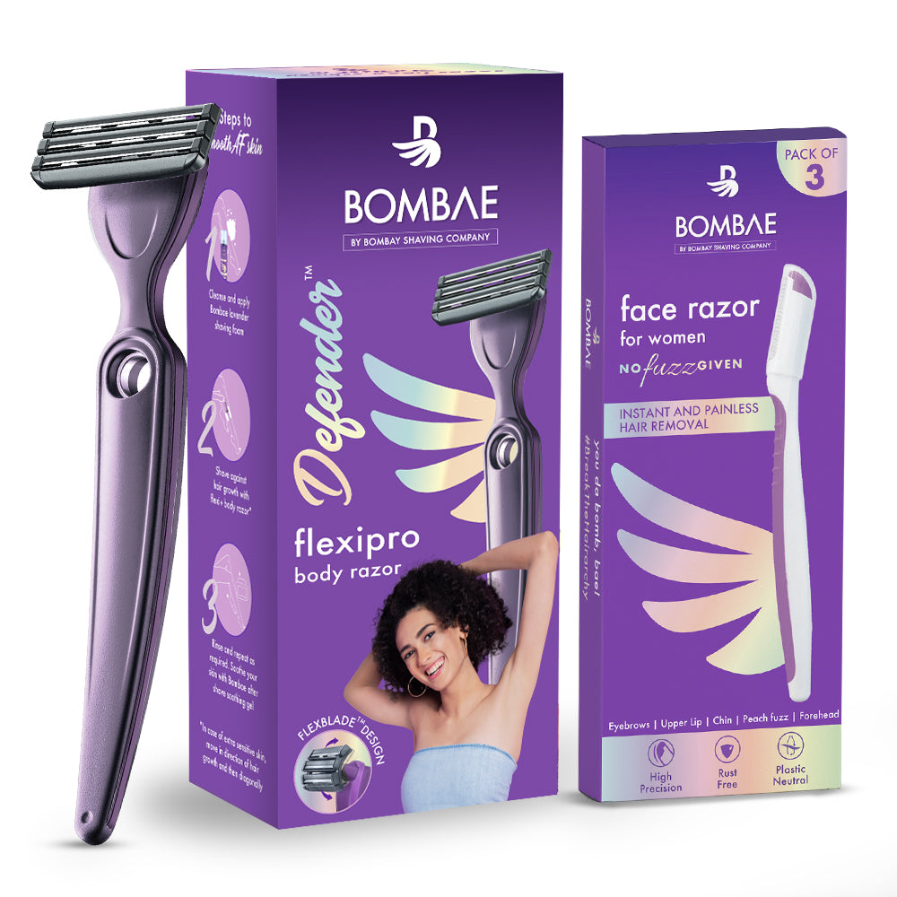BOMBAE Women's Shaving Combo with Defender For Her Women's Razor & Precision Face Razor (3 Units)