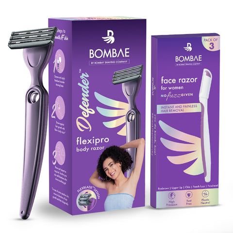 bombae women's shaving combo with defender for her women's razor & precision face razor - 3 units