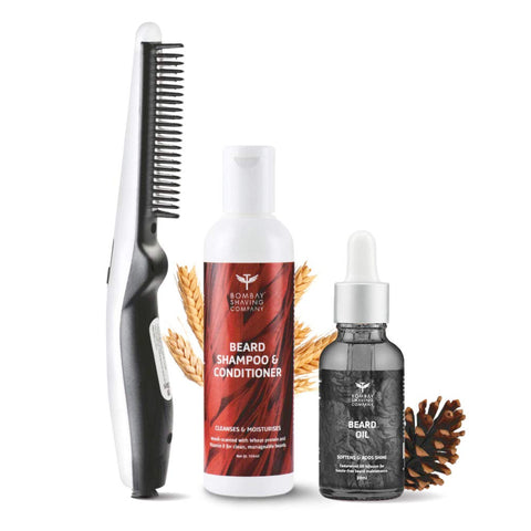 bombay shaving company 3-in-1 beard straightener kit with cedarwood beard oil, face & beard wash & anti-burn beard straightener