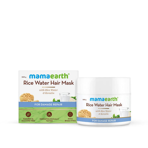 mamaearth rice water hair mask with rice water & keratin for smoothening hair & damage repair - 200 gms