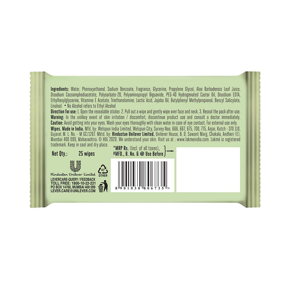 Lakme 9 to 5 Naturale Aloe Cleansing Wipes - 25 Wipes
