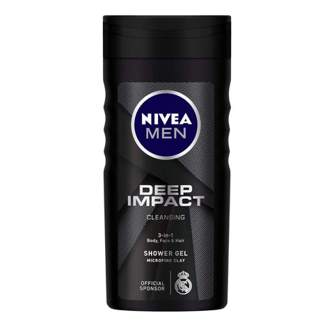 nivea men body wash, deep impact, 3 in 1 shower gel for body, face & hair - 250 ml