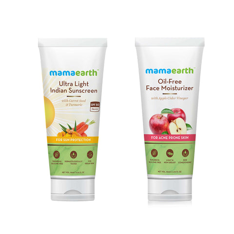 mamaearth anti acne combo oil free moisturizer, 80 ml and ultra light indian sunscreen, 80 ml