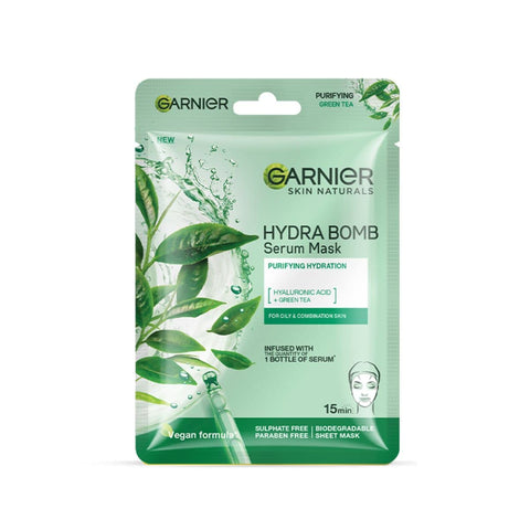 garnier skin naturals hydra bomb green tea face serum sheet mask - 28 gms