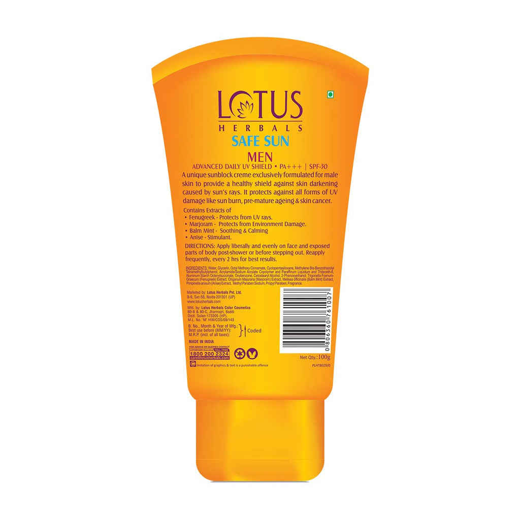 Lotus Herbals Safe Sun Men Advanced Daily UV Shield SPF 30 PA+++ - 100 gms