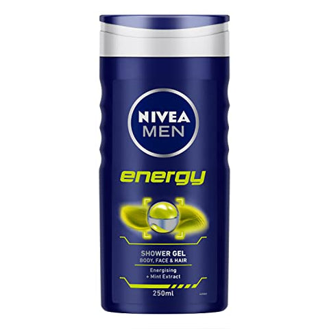nivea men energy shower gel with mint extracts for body, face & hair - 250 ml