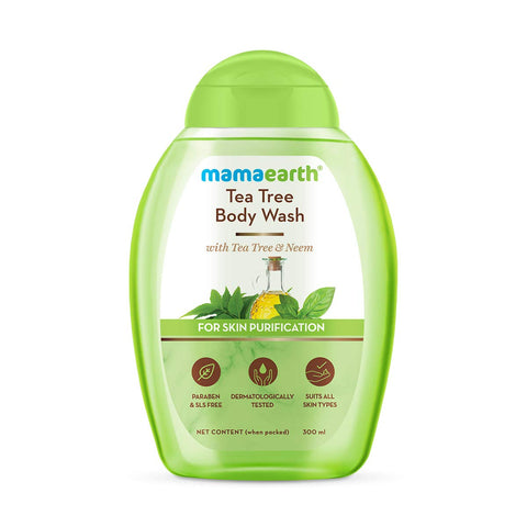 mamaearth tea tree body wash with tea tree and neem for skin purification (300 ml)