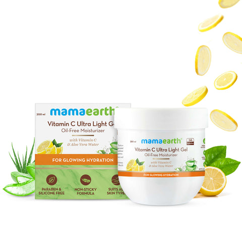 mamaearth vitamin c ultra light gel oil-free moisturizer with vitamin c and aloe vera water for glowing hydration (200 ml)