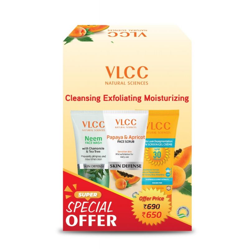 VLCC Neem Face Wash (150ml) & Papaya & Apricot Face Scrub ( 80gm) & Matte Look SPF 30 Sunscreen (100gm)