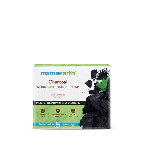mamaearth charcoal nourishing bathing soap with charcoal and mint for deep cleansing - 5x75 gms